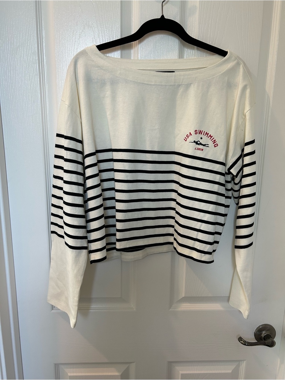J. Crew Cream Sweatshirt with Black Stripes and Red 'USA Swimming' Graphic